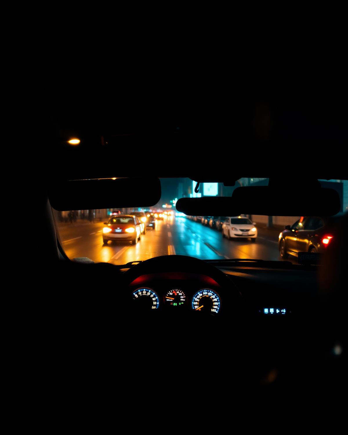 Pohled z nočního taxi na rozsvícenou městskou ulici